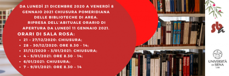 unisiena's tweet photo. Festività natalizie: le strutture aperte
#Salarosa aperta al pubblico dalle 8.30 alle 14:
📌dal 28 al 30/12/20
📌dal 4 al 5/1/21
📌dal 7 al 9/1/21
🔴Chiusura pomeridiana #biblioteche di area dal 21/1/20 all’8/1/21.
https://t.co/TEETy4cJA1
#Università #Siena https://t.co/WNwEl25OXP