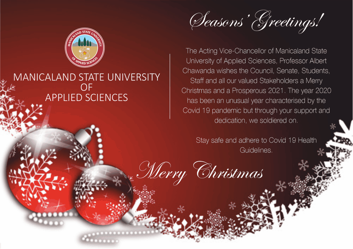 ManicalandS's tweet photo. Here's to wishing you a Merry Christmas and abundant Grace in 2021!! @MidlandsState @great_zimuniv @buseonline1 @chinhoyivarsity @lupane_state @GwandaStateUni @UniversityOfZim @nustzim @HarareInstitute @SAYWHATOrg @HeraldZimbabwe https://t.co/x3a02R6TaA