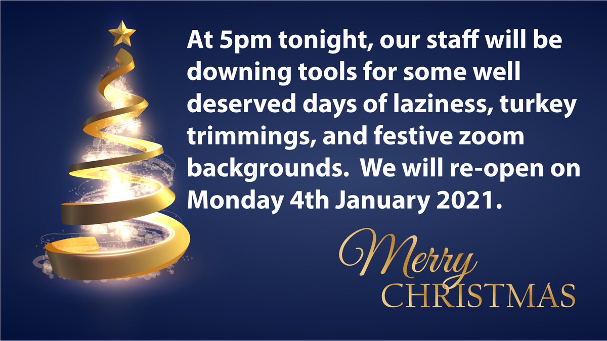 Our offices will close tonight at 5pm for the Christmas Break, and reopen on Monday 4th January.

Merry Christmas everyone

Bring on 2021!

#MerryChristmas #HappyNewYear #2021