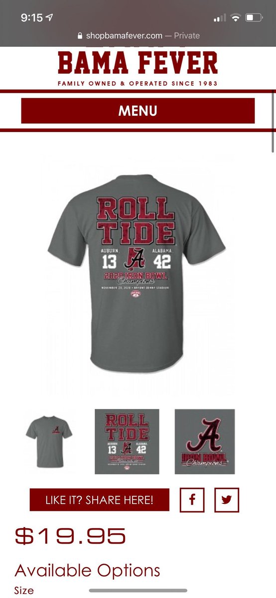 Has anyone had any dealings with Bama Fever Online? I ordered @shelbyoakss a Tshirt after the Iron Bowl Win and they pulled the Bait and Switch. Listed ph # goes to VM and no response to emails. Ordered the Left, they sent the Right. Total BS. I hate 2020. https://t.co/qZhU4QyYHN