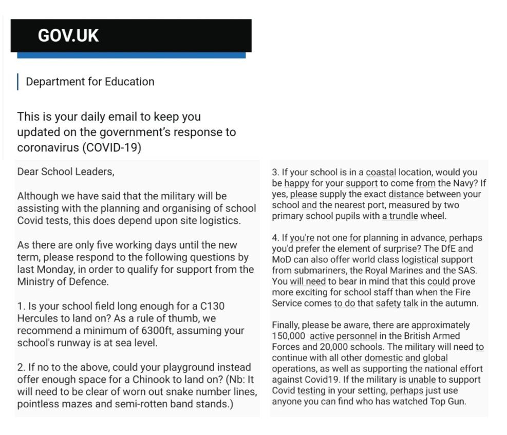 TeamTait's tweet photo. Whoever put this parody DFE email together about armed forces support for mass testing in schools is a genius 👏🏻🤣👏🏻 https://t.co/MPQJ35JtOJ