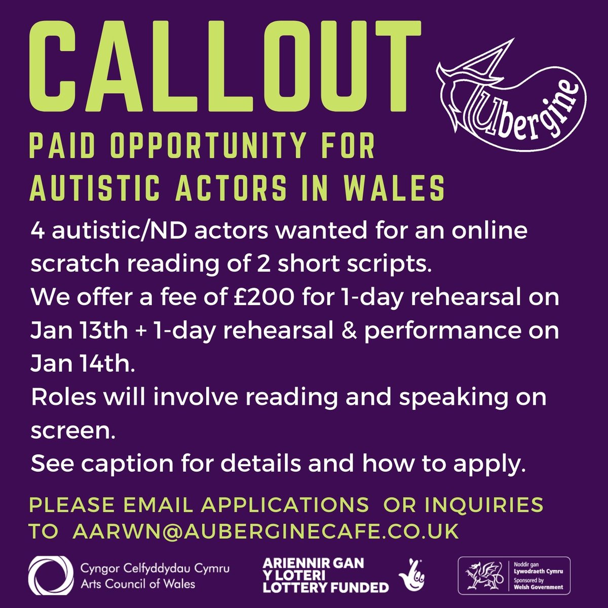 auberginecafec1's tweet photo. 1/4 #Callout for #AutisticActors in #Wales (#PaidOpportunity)
Aubergine wants 4 autistic actors aged 18+ for a table-read of 2 short scripts at an online #scratchnight on January 14th 2021. See thread for details and how to apply. Deadline January 1st. https://t.co/MdlwNCHrPy