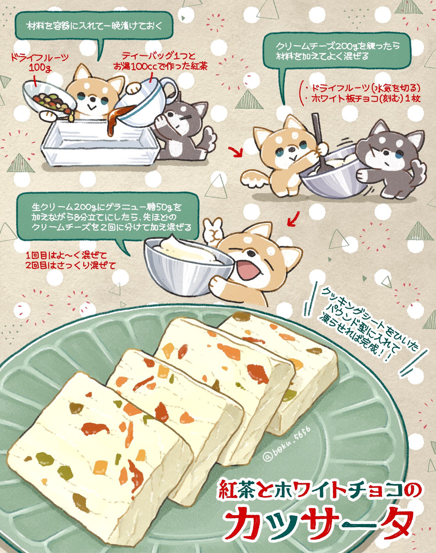 ぼく イラスト料理研究家 混ぜて冷凍するだけ 紅茶とホワイトチョコのカッサータ サクふわぁ なアイスの中に パリパリな ホワイトチョコ うんまい カッサータはイタリアのアイス