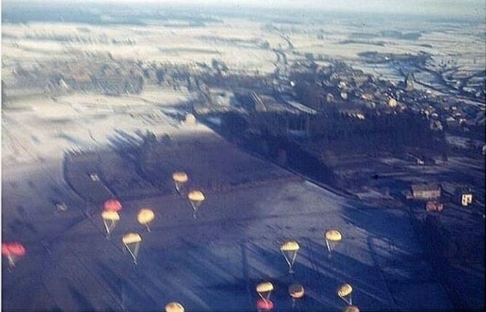 Bastogne Supply Drop: Color photos taken by Major Joseph Antrim, C47 pilot, 437th Troop Carrier Group on Dec 23, 1944, while on the way to Bastogne to drop supplies to the surrounded U.S troops.1/