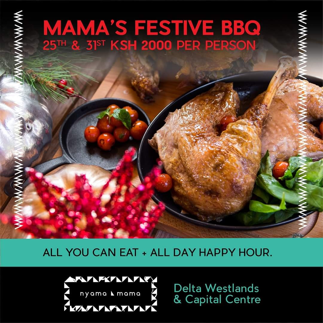 Mama's best ever BBQ. Not just once but twice. On the 25th and the 31st. All you can eat and all day Happy Hour at both our outlets at only Ksh 2000 per person. Delta reservations on 0704567567 or Capital Centre reservations 0791579003 Covid protocols in place. #GoodMoodFood