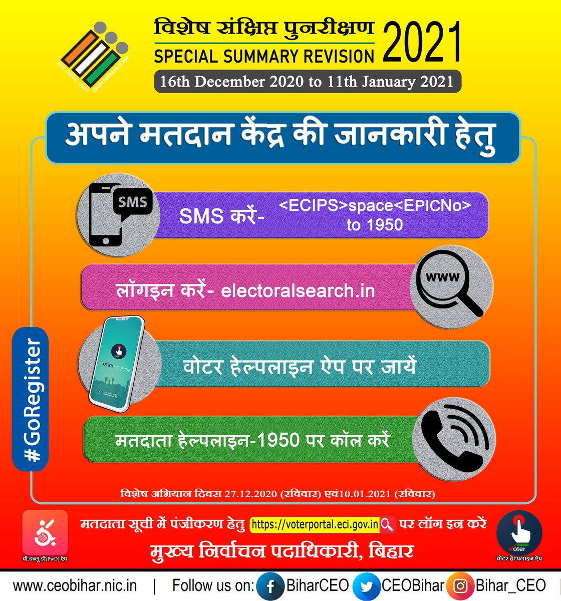 ElectionDeptNwd's tweet photo. विशेष संक्षिप्त पुनरीक्षण कार्यक्रम 2021
#GoRegister 
#GoVerify 
#SpecialSummaryRevision 
#CeoBihar https://t.co/FeW47tYWbM