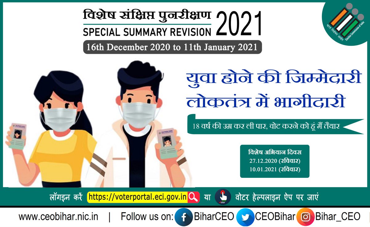 ElectionDeptNwd's tweet photo. विशेष संक्षिप्त पुनरीक्षण कार्यक्रम 2021
#GoRegister 
#GoVerify 
#SpecialSummaryRevision 
#CeoBihar https://t.co/FeW47tYWbM