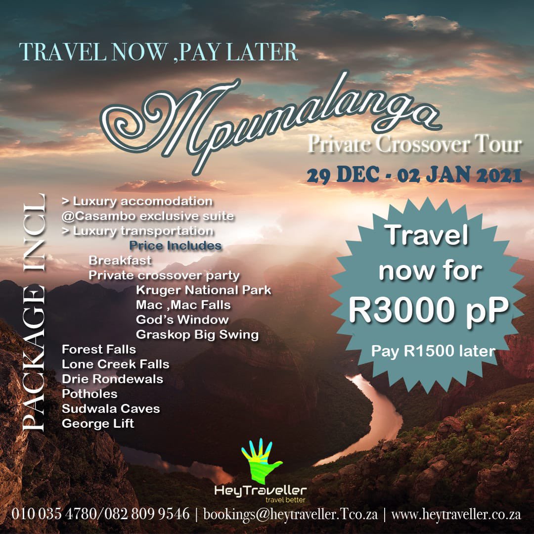 TravellerHey's tweet photo. Christmas came too early from the HeyTraveller family to you. 

Join our Annual Mpumalanga crossover Tour, with over 10 activities. 

See details on the Poster!!!

#TravelNowPayLater #Mandela #wednesdaythought #WednesdayMotivation https://t.co/Aln19b8eor