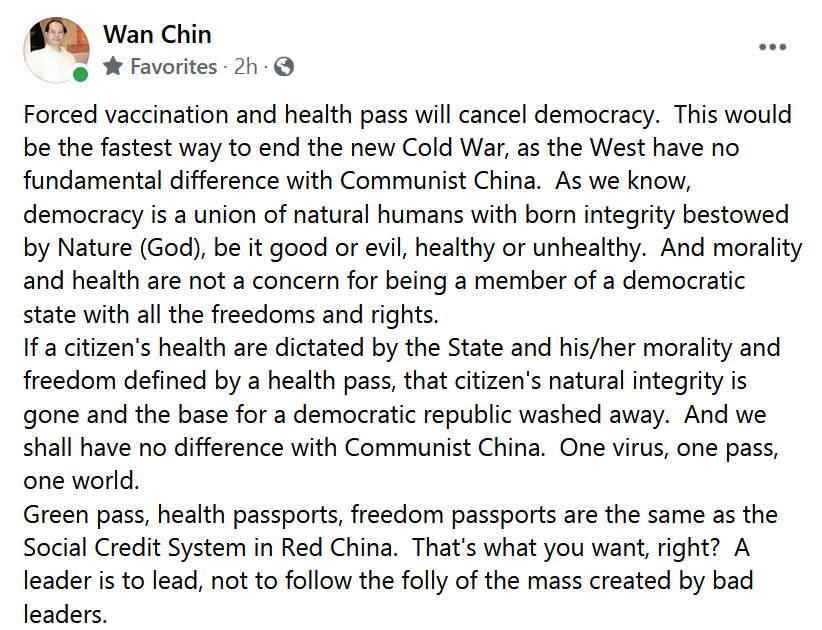 WanKanCHIN's tweet photo. Forced vaccination and health pass will cancel democracy.  This would be the fastest way to end the new Cold War, as the West have no fundamental difference with Communist China. https://t.co/TVFupdjcTf