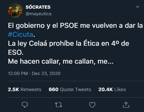 ep_mesa's tweet photo. Vuelven a matar a Sócrates.
Vuelven a prohibir la reflexión filosófica en la escuela.
Ya se impone la #LeyCelaá para continuar con la #LeyWert y domesticar consumidores y trabajadores, y no para formar ciudadanos.
#NoSinÉtica
#ÉticaEsoImprescindible
#SalvemosLaFilosofía https://t.co/M8LIxNUnx2