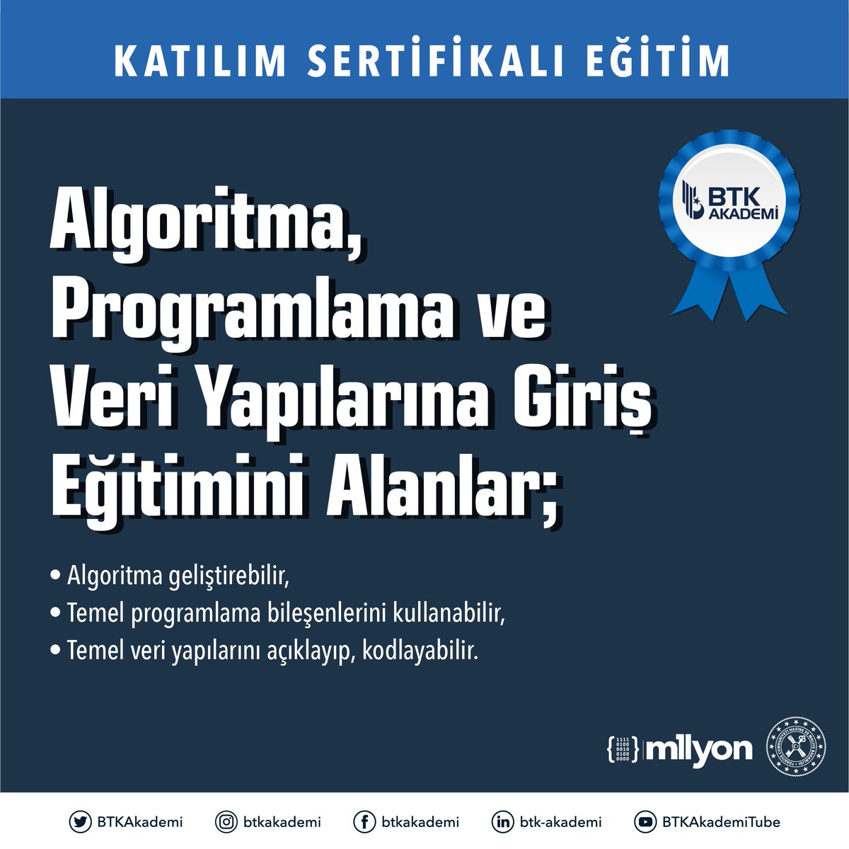 Algoritma tasarlama becerini geliştirerek, temel programlama bileşenleri ile temel seviyede kodlama ve algoritma geliştirme yeteneğini desteklemek istemez misin? 😊

👉btkakademi.gov.tr/portal/course/…

#algoritma #programlama #veriyapıları #btkakademi #1milyonistihdam <a href="/1milyonistihdam/">1milyonistihdam</a>