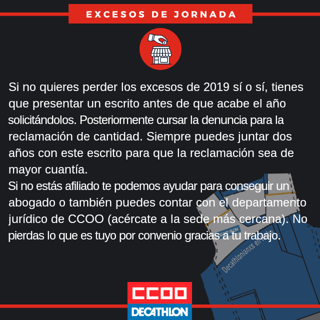 Bueno compis se acaba el 2020 y eso tiene un nombre.... Excesos de 2019!!

Como cada año si no te dieron los excesos se te acaba el tiempo para reclamar. Lo primero pedirlos por escrito con dos copias al director/a, de las que te quedas una. (sigue...)

#DecarhlonianxsEnLucha
