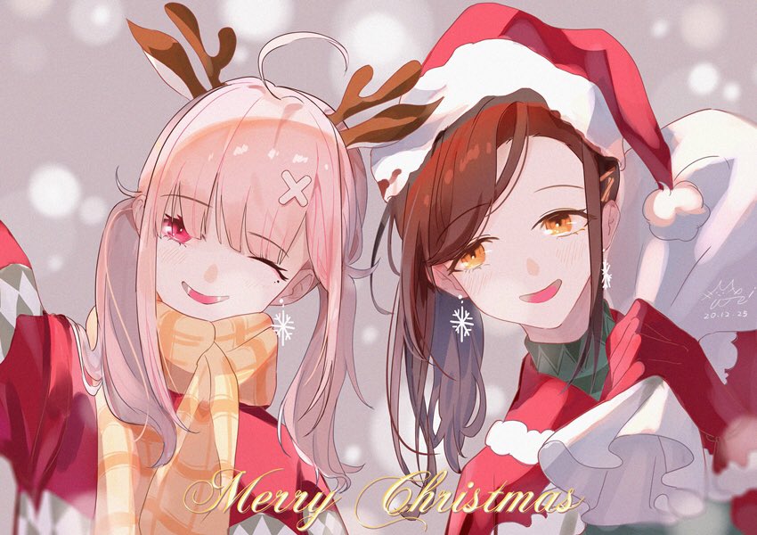 multiple girls 2girls santa hat christmas hat merry christmas smile  illustration images