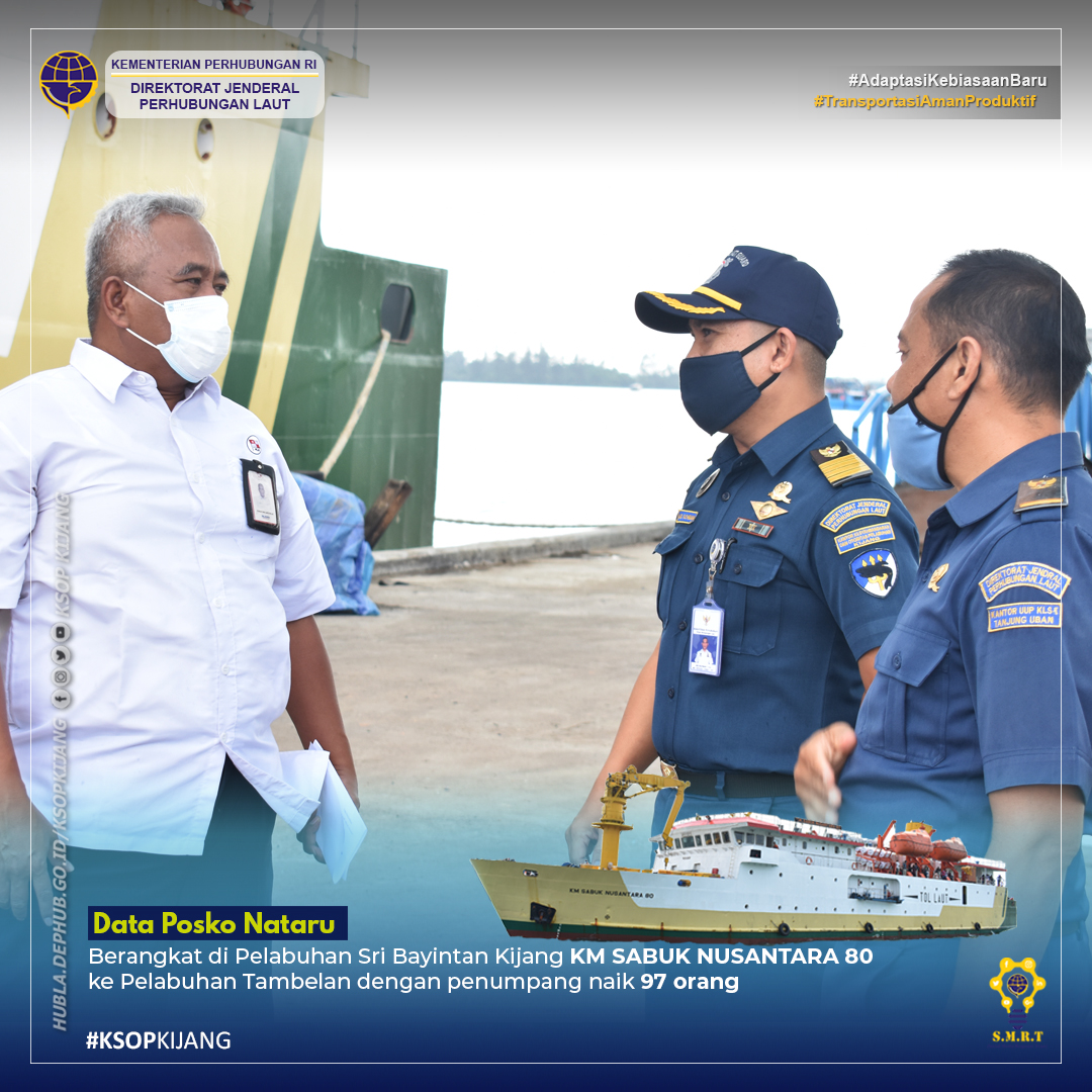 djpl_ksopkijang's tweet image. #KawanLaut, Posko Natal 2020 dan Tahun Baru 2021 di Pelabuhan Sri Bayintan Kijang #Kijang tanggal 23 Desember 2020 kegiatan Embarkasi KM SABUK NUSANTARA 80.

Dari data Posko Nataru, Rabu (23/12/2020) Pukul 13.00 WIB berangkat dari Pelabuhan Sri Bayintan Kijang #Kijang