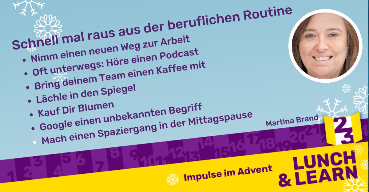 🎄#Abwechslung schaffen, raus aus der Routine mit ein paar ganz einfachen Kleinigkeiten. Schaut mal hinter Türchen 23 von Martina. Da hat sie auch einen Filmtipp über Wölfe 🐺 und #Veränderung für euch. 👉 Was machst Du davon heute? 
#LunchLearnImAdvent 
linkedin.com/posts/hrperfor…