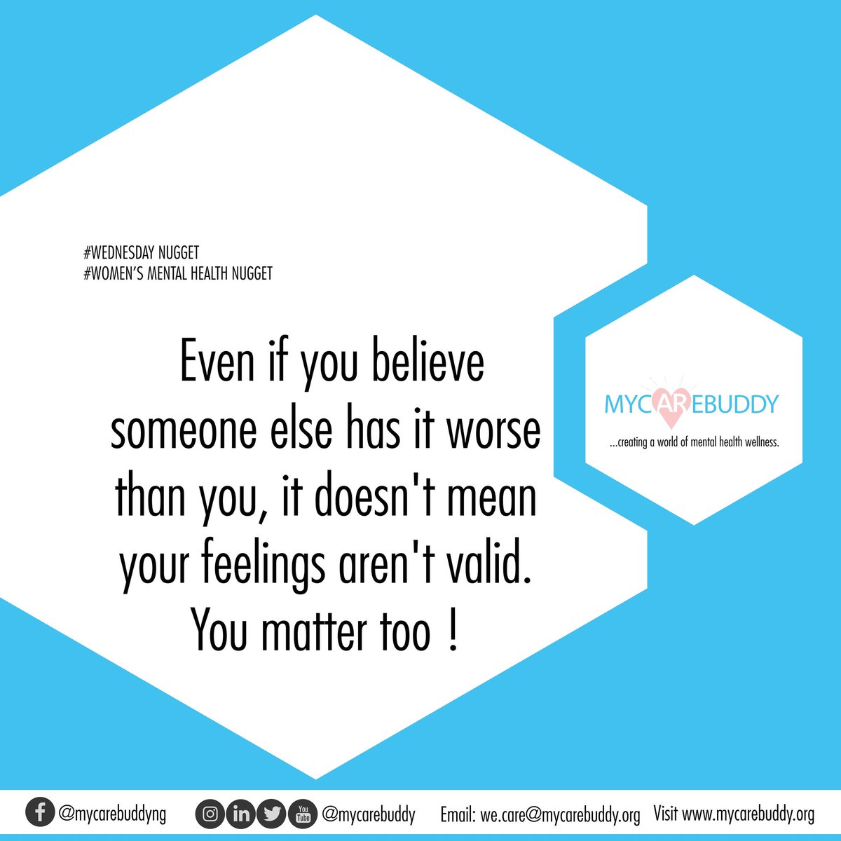 mycarebuddy's tweet photo. You matter independently of other people's realities around you.
Your experiences are valid. Treat as such, get all the help you can and never stop developing.
Mycarebuddy cares
https://t.co/e7hE8bVxBq
#mentalhealth #iRant #talktherapy #mcbcares https://t.co/RxO1F1eODB