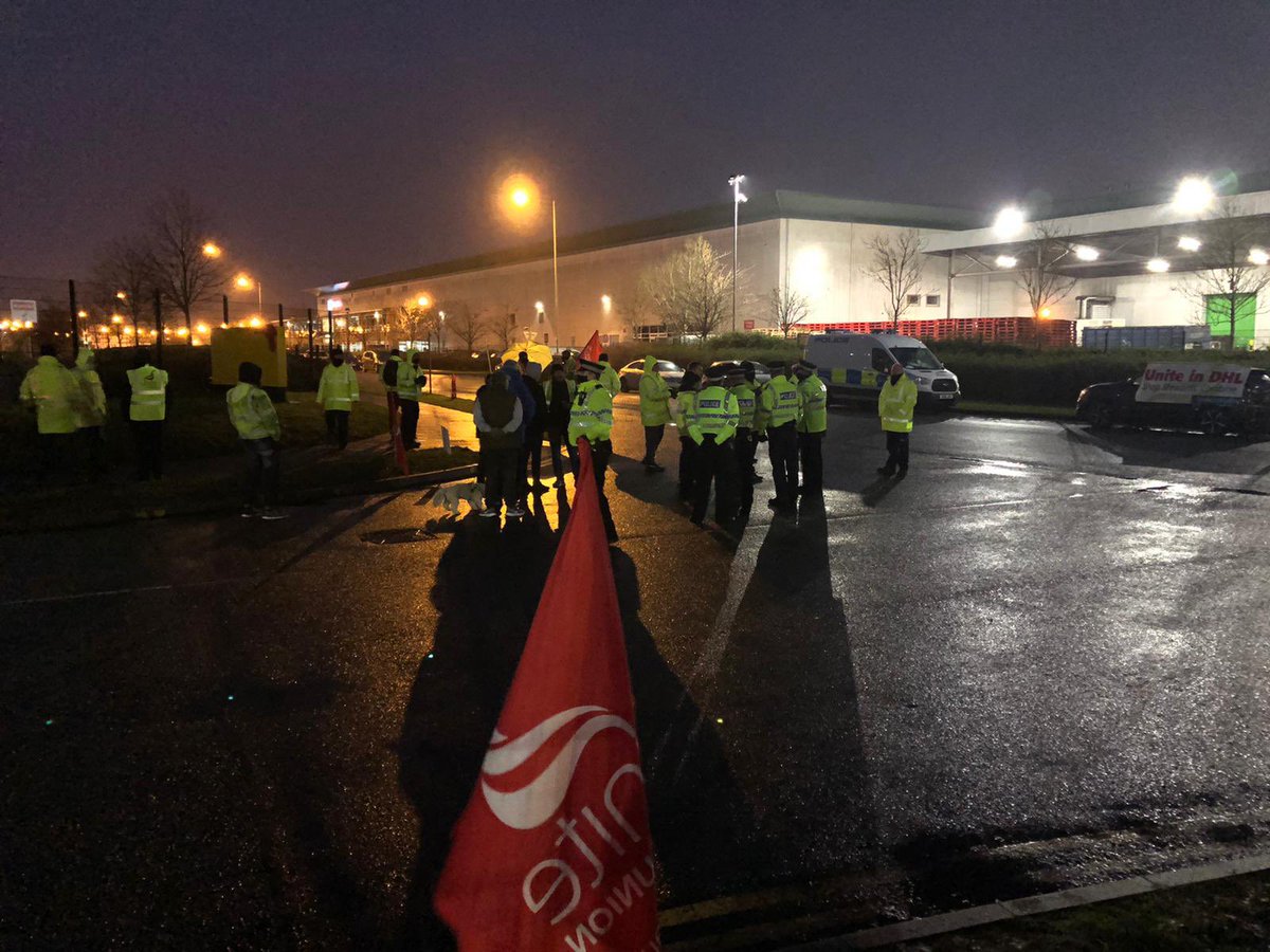 Unite_NorthWest's tweet photo. Strike action continues today at DHL in Liverpool, again with an unnecessary police presence for workers taking lawful action.

#DHLStrike https://t.co/DSmGdYbN6v