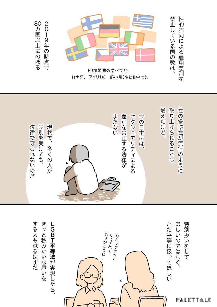 レズビアンであることが知られて、仕事をやめることになった話 #パレットーク #日本にもLGBT平等法を

(音声データ読み上げが可能な代替テキスト入りの漫画はこちらになります) 