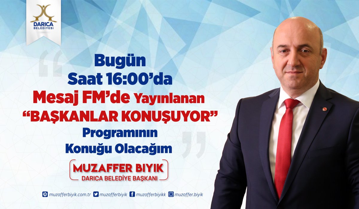 muzafferbiyik's tweet photo. Bugün saat 16:00'da Mesaj FM'de yayınlanan "Başkanlar Konuşuyor" Programının canlı yayın konuğu olacağım.

🗓️23 Aralık
⏰16:00
📻Mesaj FM 

Radyo yayını sosyal medya hesaplarımızdan yayınlanacaktır. https://t.co/KVEzCB44wi
