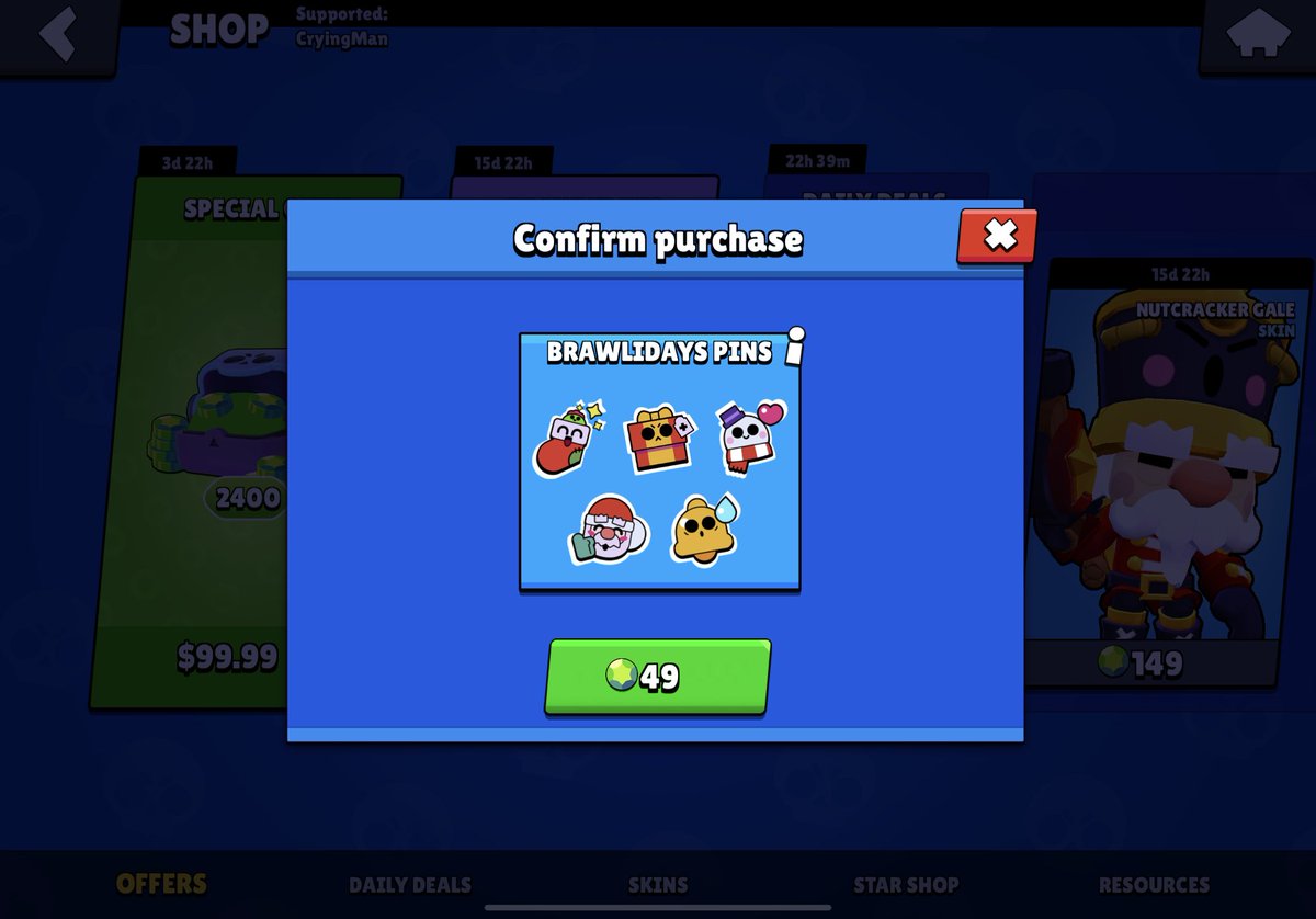 Brawlidays Pins GIVEAWAY ⛄️ (5x $5)

To enter: 
✅Follow <a href="/CryingMan/">CryingMan</a> and <a href="/Moonlightbrawl/">Ash</a> 
❤️Like
🔄Retweet

Winners will be picked in 24 hours via Paypal

Happy Early Christmas🎄