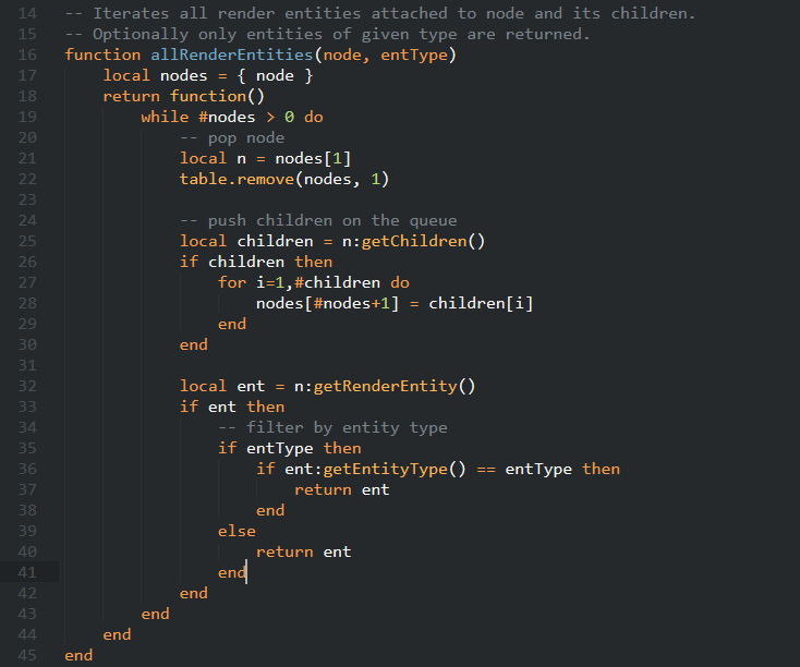 Next suspect: render entity iterator. That's some shitty code, allocating temp table  *Seems* to take 0.5 secs (hard to get exact measurement because it's so scattered). I bet I could write a faster version in C++. If I could make it stateless that could be a big win.