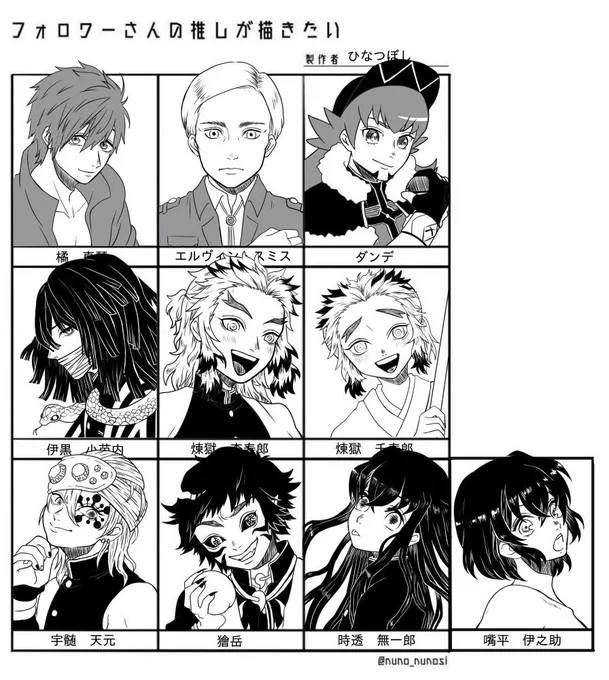 #フォロワーの推しが描きたい
初描きキャラ盛りだくさんでめちゃくちゃ楽しかった!!!
特にいぐろさんと千くん派手むいくん!
枠1人はみ出た笑 