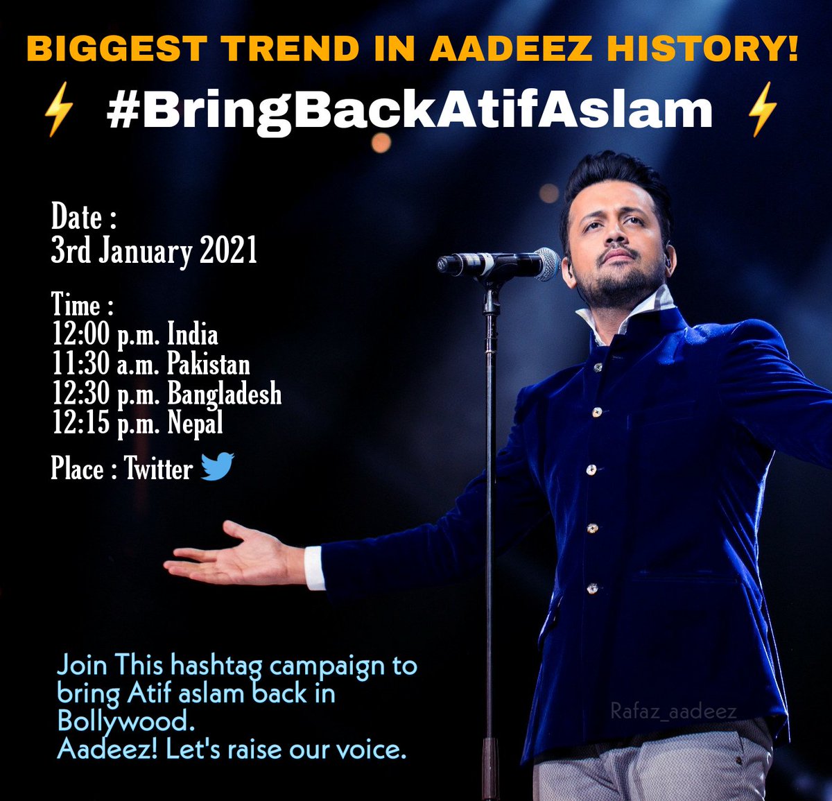 Rafaazzzzzz's tweet photo. Let's do this Aadeez. Time to unite ✊

#AtifAslam #aadeez @itsaadee 
#BringBackAtifAslam https://t.co/EI2OV3G6Yu