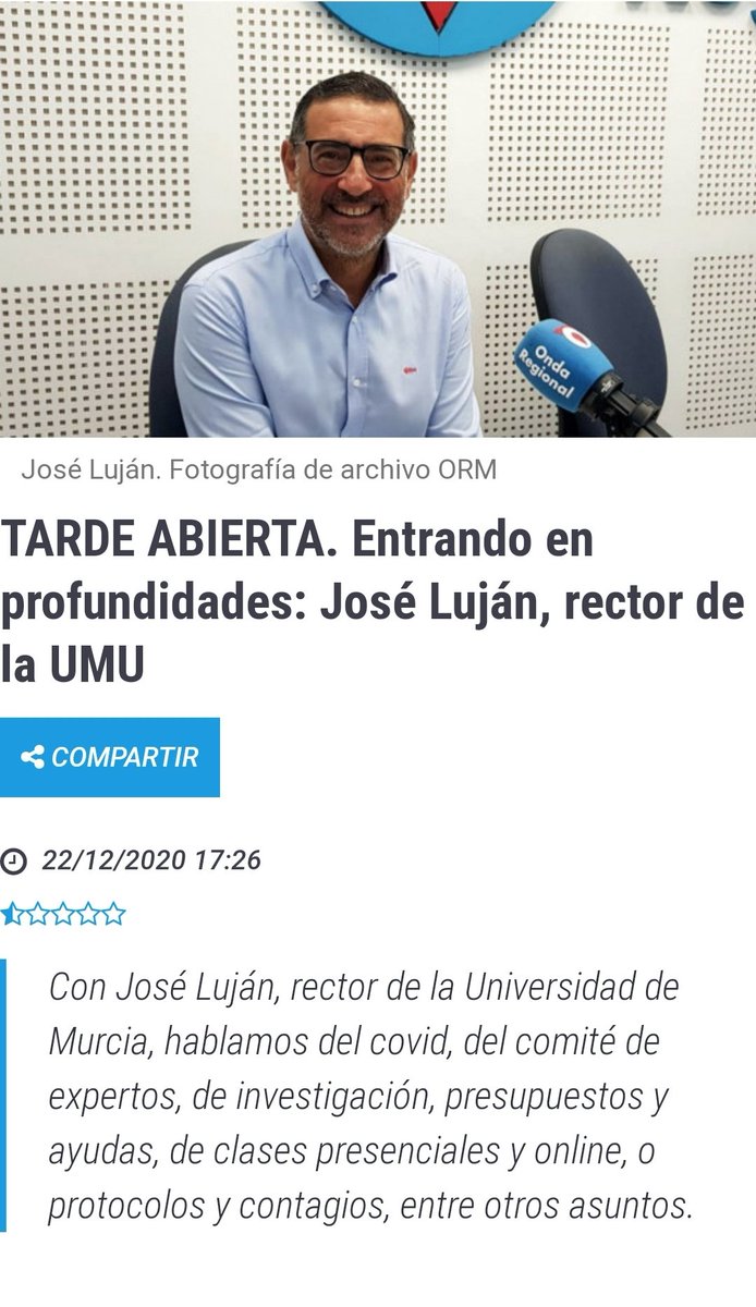 José Luján Alcaraz (@joselujanrector) on Twitter photo Gracias Jacinto Nicolás por la entrevista de ayer en el programa "Tarde Abierta" de <a href="/ORMurcia/">Onda Regional</a>.
Os comparto link a la entrevista.
orm.es/programas/tard… Gracias Jacinto Nicolás por la entrevista de ayer en el programa "Tarde Abierta" de <a href="/ORMurcia/">Onda Regional</a>.
Os comparto link a la entrevista.
orm.es/programas/tard…