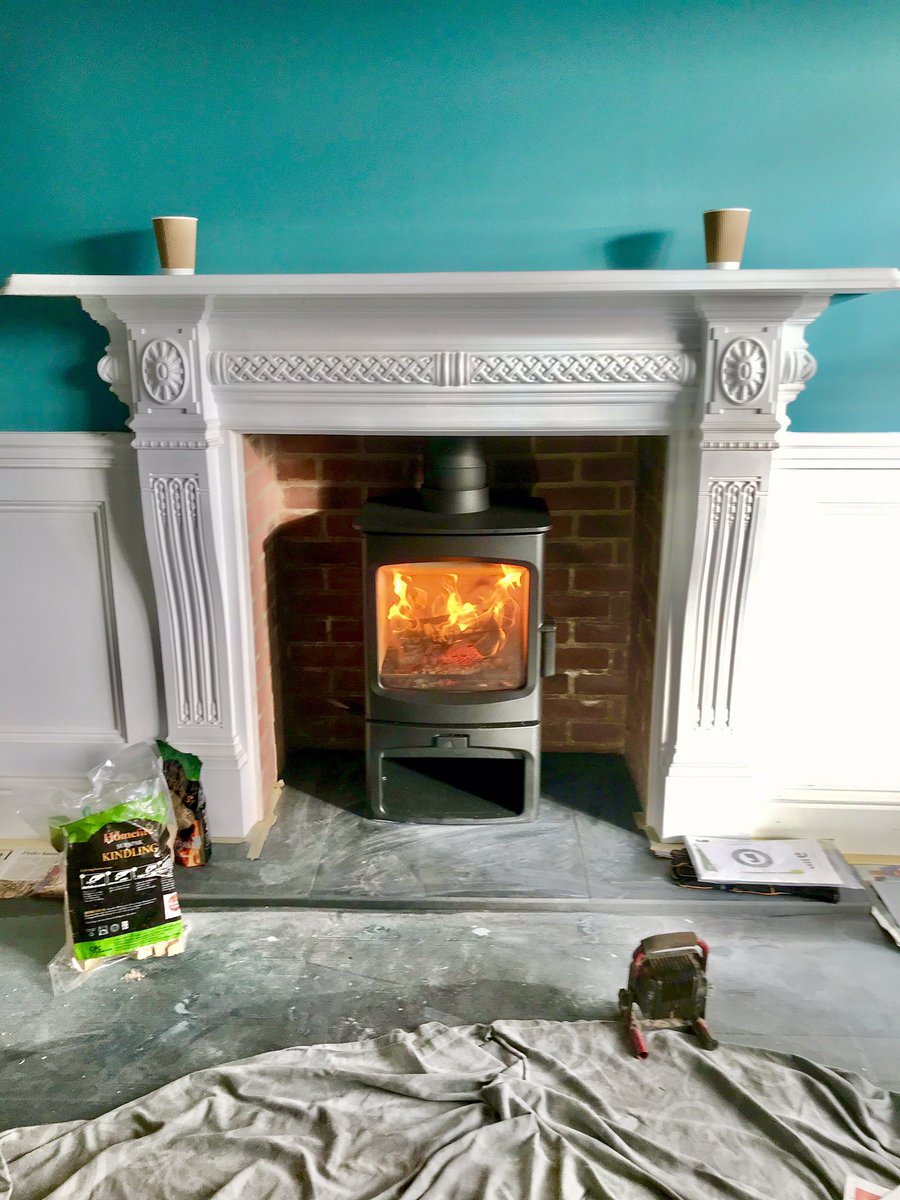 Just finishing off the installation of this <a href="/CharnwoodStoves/">Charnwood</a> Aire 5 on a log store stand, <a href="/specflue/">Specflue</a> chimney liner and <a href="/EurocowlLtd/">Eurocowl Ltd</a> mini cowl in #whitwell #IsleofWight #stove #woodburner #hearth #fireplace