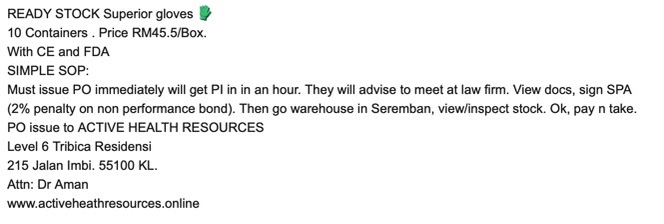 ResourcesActive's tweet image. READY STOCK Superior gloves 🧤 
10 Containers . Price RM45.5/Box.
With CE and FDA 
SIMPLE SOP:
Must issue PO immediately will get PI in in an hour. They will advise to meet at law firm. View docs, sign SPA (2% penalty on non performance bond).