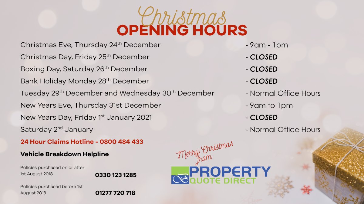 LandlordLoop's tweet image. Merry Christmas all from us all here at Property Quote Direct 🎅 ❄️ 🎁 🦌 ⛄ 👪 🎄

We're operating our Christmas opening hours from the 24th December. Time are below ⬇️

Rest assured that our Claims Hotline are on hand over the festive break, 24 hours a day.