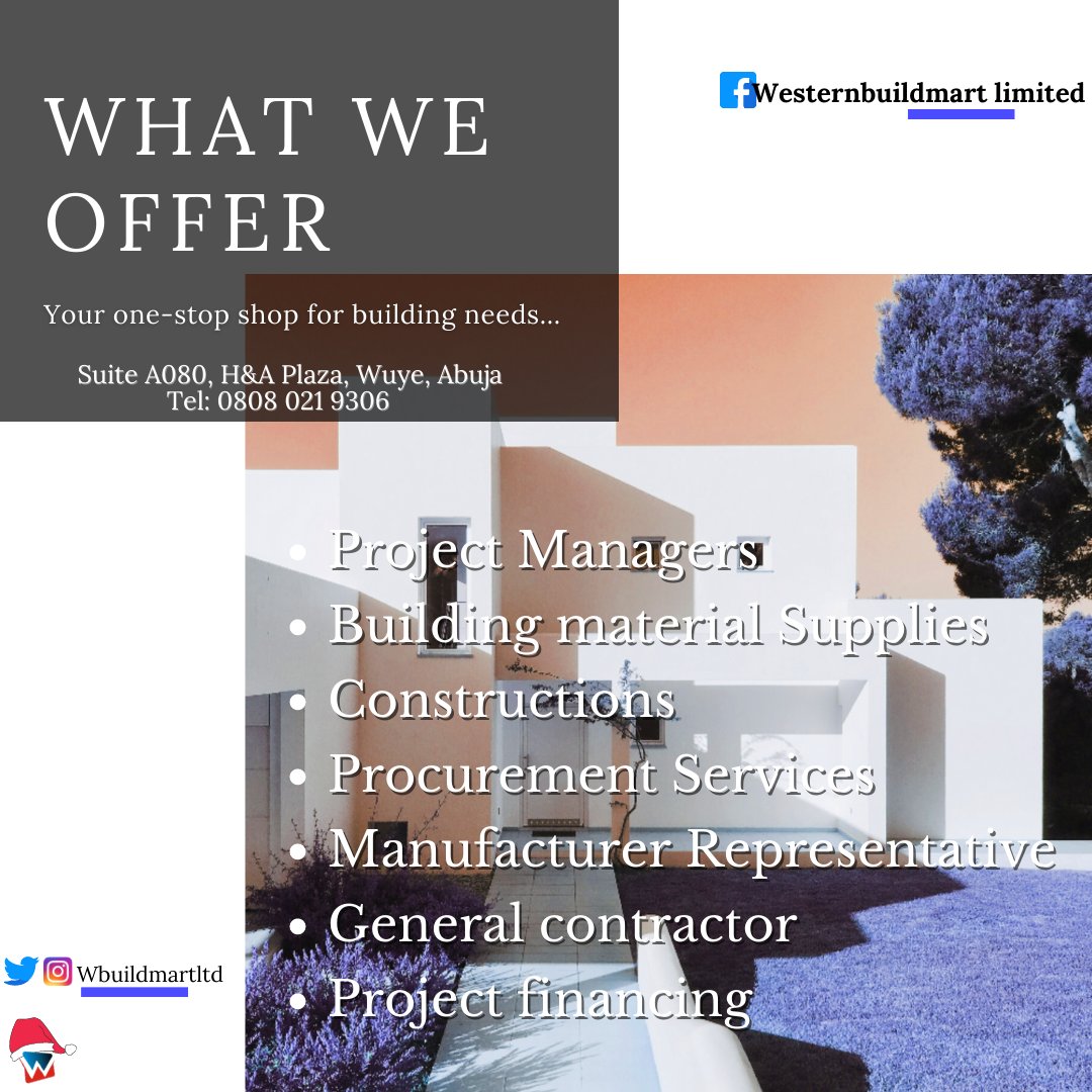 WBuildmartltd's tweet photo. What we offer is quality.

Our services include:

Project Managers
Building material Supplies
Constructions
Procurement Services
Manufacturer Representative
General contractor
Project financing

#westernbuildmart
#abujasales
#construction
#December2020
#buildingmaterials https://t.co/pxUbWk9m0E