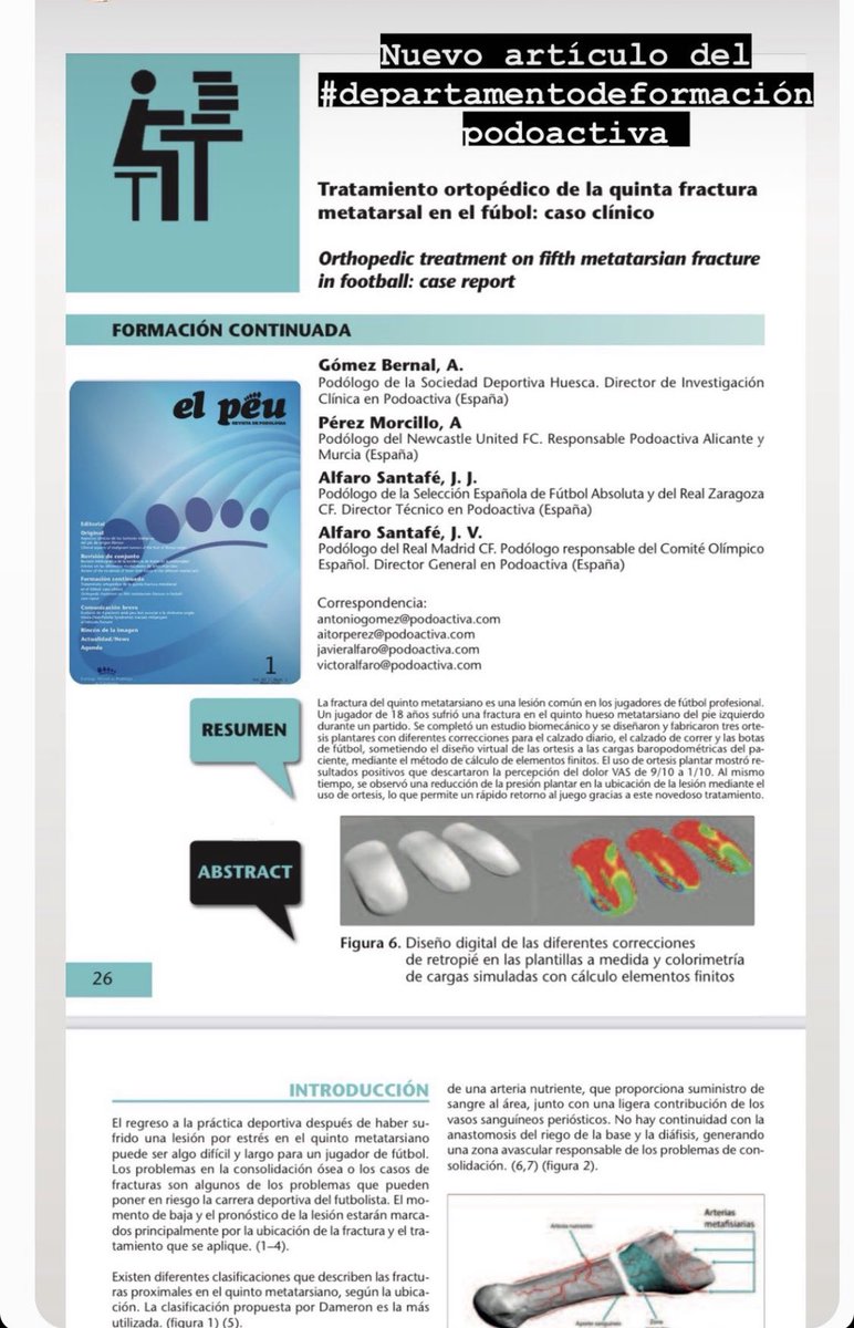 Publicación del Dpto. de #Formación e #Investigación <a href="/Podoactiva/">Podoactiva</a> en la revista científica “El Peu” del <a href="/CollegiPodolegs/">Colpodocat</a>.

Publicación en la que damos las claves del tratamiento ortopodológico de la fractura por estrés en M5 en el #Fútbol.