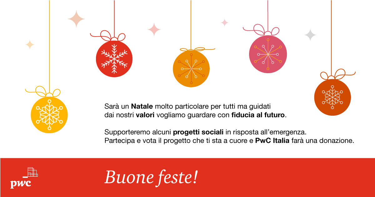 PwC_Italia's tweet photo. In occasione del #Natale2020 supporteremo alcuni progetti sociali in risposta all’emergenza #Covid19. Puoi partecipare e votare il progetto che preferisci. #PwCItaly farà una donazione. Buone feste! 
➡️https://t.co/5c0D0EEOFQ https://t.co/dajC8Fgk3t