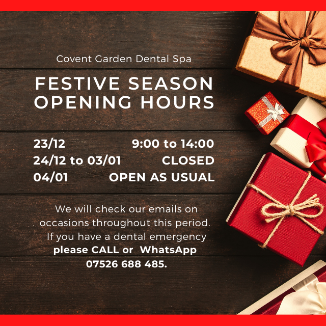 Festive Season Opening Hours!⁠

We will check our emails on occasions throughout this period. If you have a dental emergency please CALL or WhatsApp 07526 688 485.⁠