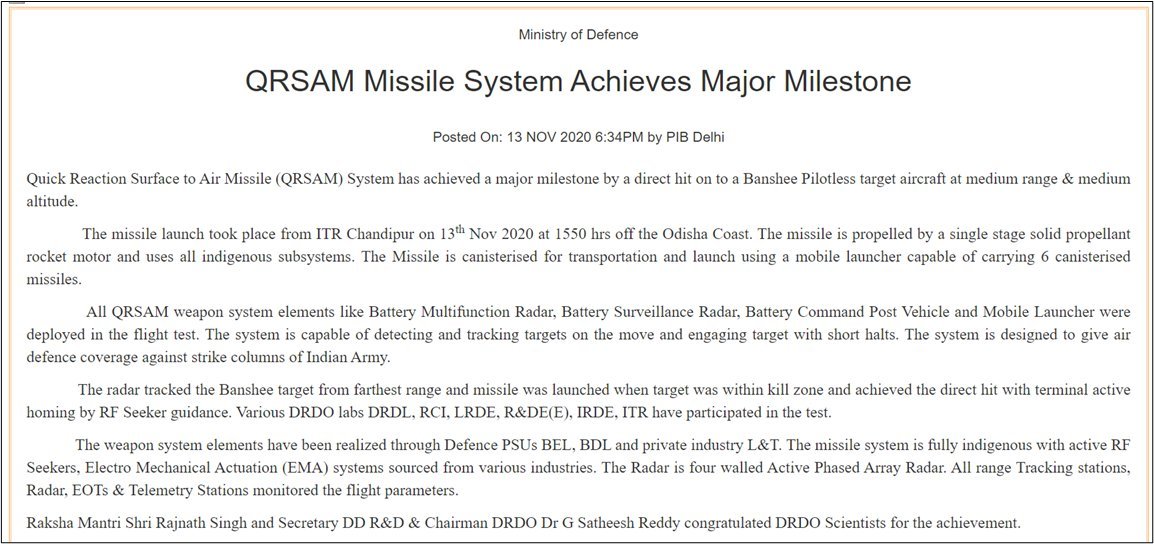 (QR_SAM)DRDO successfully tested the QRSAM. It brings many novel techs. Few pointers - 1. 4-side AESA radar: See 3rd image. It has 4 fixed radar panels which provide on-the-move surveillance with high refresh rate.2. Compared to this, it requires considerable time to set-up +