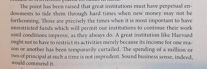 Her rejection of restricted funding and perpetuity clearly echoes that of Julius Rosenwald (Edith Stern's father btw), who argued passionately against both: 7/