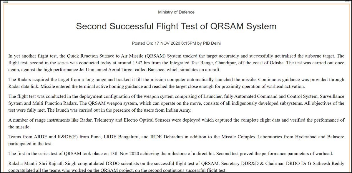 (QR_SAM)DRDO successfully tested the QRSAM. It brings many novel techs. Few pointers - 1. 4-side AESA radar: See 3rd image. It has 4 fixed radar panels which provide on-the-move surveillance with high refresh rate.2. Compared to this, it requires considerable time to set-up +