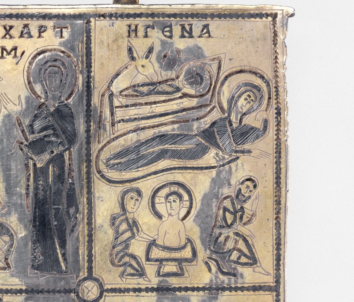 A Nativity scene worked in niello on the undersurface of the lid of the early 9th-century Fieschi Morgan Staurotheke:  https://www.metmuseum.org/art/collection/search/472562
