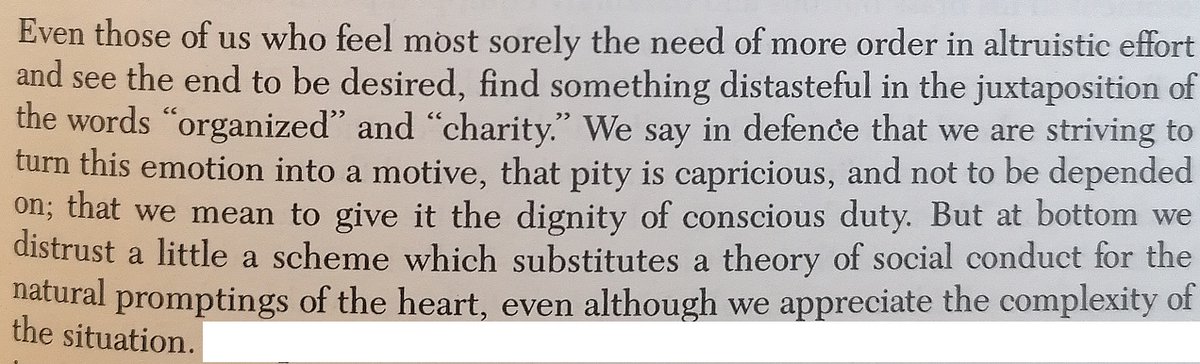 It also evokes Jane Addams writing on the limitations of "scientific" approaches to philanthropy that fail to take heed of the vital human element: 10/