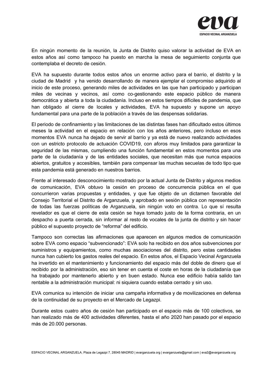evArganzuela's tweet photo. Comunicado ⓔⓥⓐ 23/12/2020: el Espacio Vecinal Arganzuela convoca a los vecinos y vecinas de Arganzuela, y a todo el tejido asociativo y movimientos sociales de la ciudad, a defender el uso ciudadano del Mercado de Frutas y Verduras de Legazpi #EVAsigue https://t.co/mmNVeaEtii https://t.co/Nt9adfgnDD