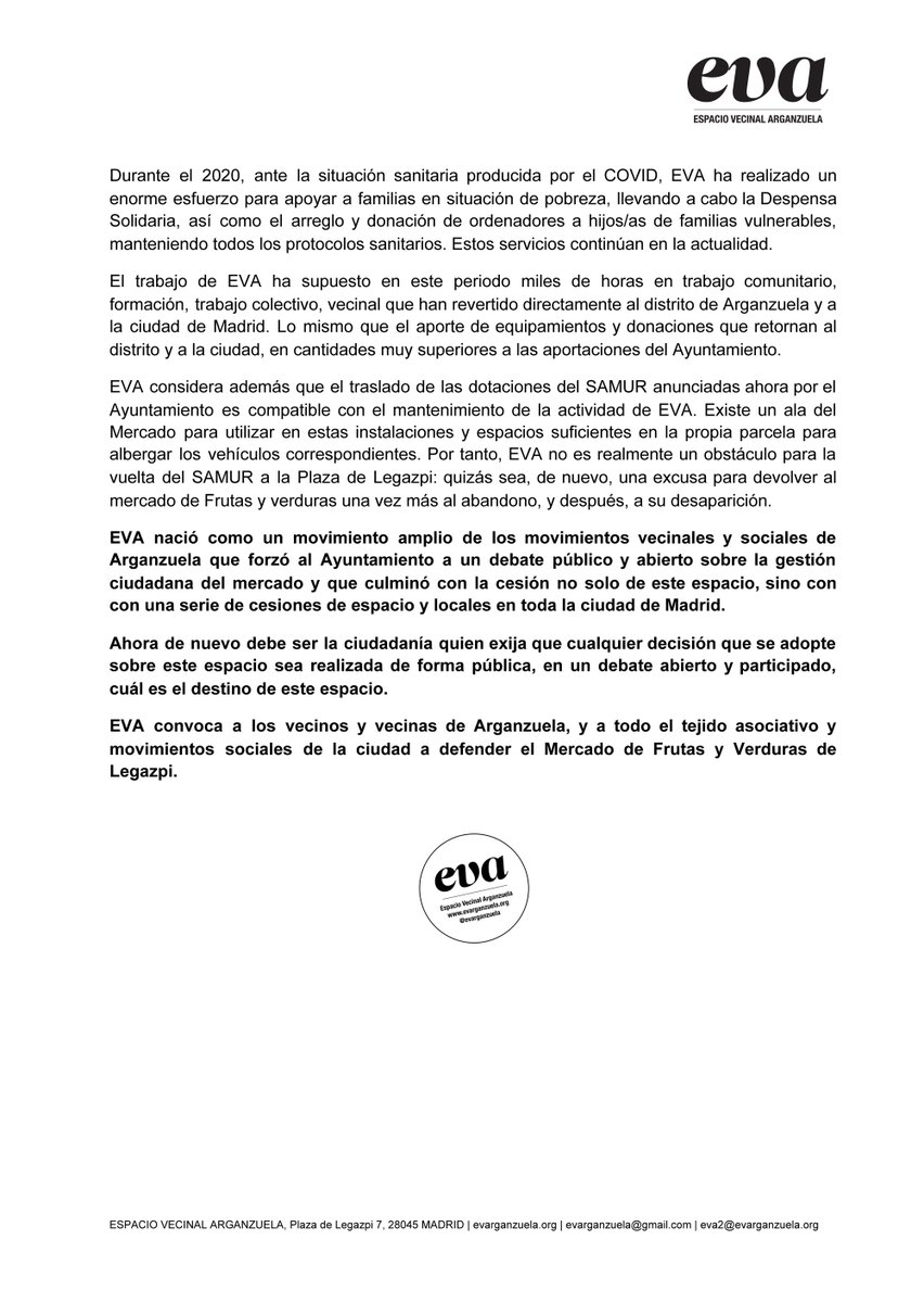 evArganzuela's tweet photo. Comunicado ⓔⓥⓐ 23/12/2020: el Espacio Vecinal Arganzuela convoca a los vecinos y vecinas de Arganzuela, y a todo el tejido asociativo y movimientos sociales de la ciudad, a defender el uso ciudadano del Mercado de Frutas y Verduras de Legazpi #EVAsigue https://t.co/mmNVeaEtii https://t.co/Nt9adfgnDD