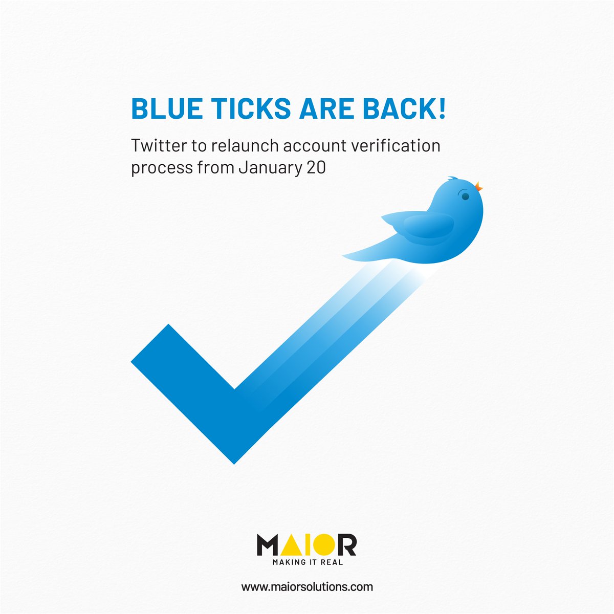 MaiorSolutions's tweet photo. Twitter will resume its account verification process from January 20 whereby active and authentic users can showcase 'blue tick' verification publicly on their profiles
#maiorsolutions #digitamarketingagency #digitalmarketingupdates #twitter #twitterupdates #twitterverification https://t.co/c6GqiQ7FUq