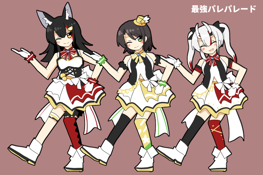 inugami korone ,nekomata okayu ,shirakami fubuki animal ears multiple girls 3girls dog ears hololive idol uniform brown hair braid  illustration images