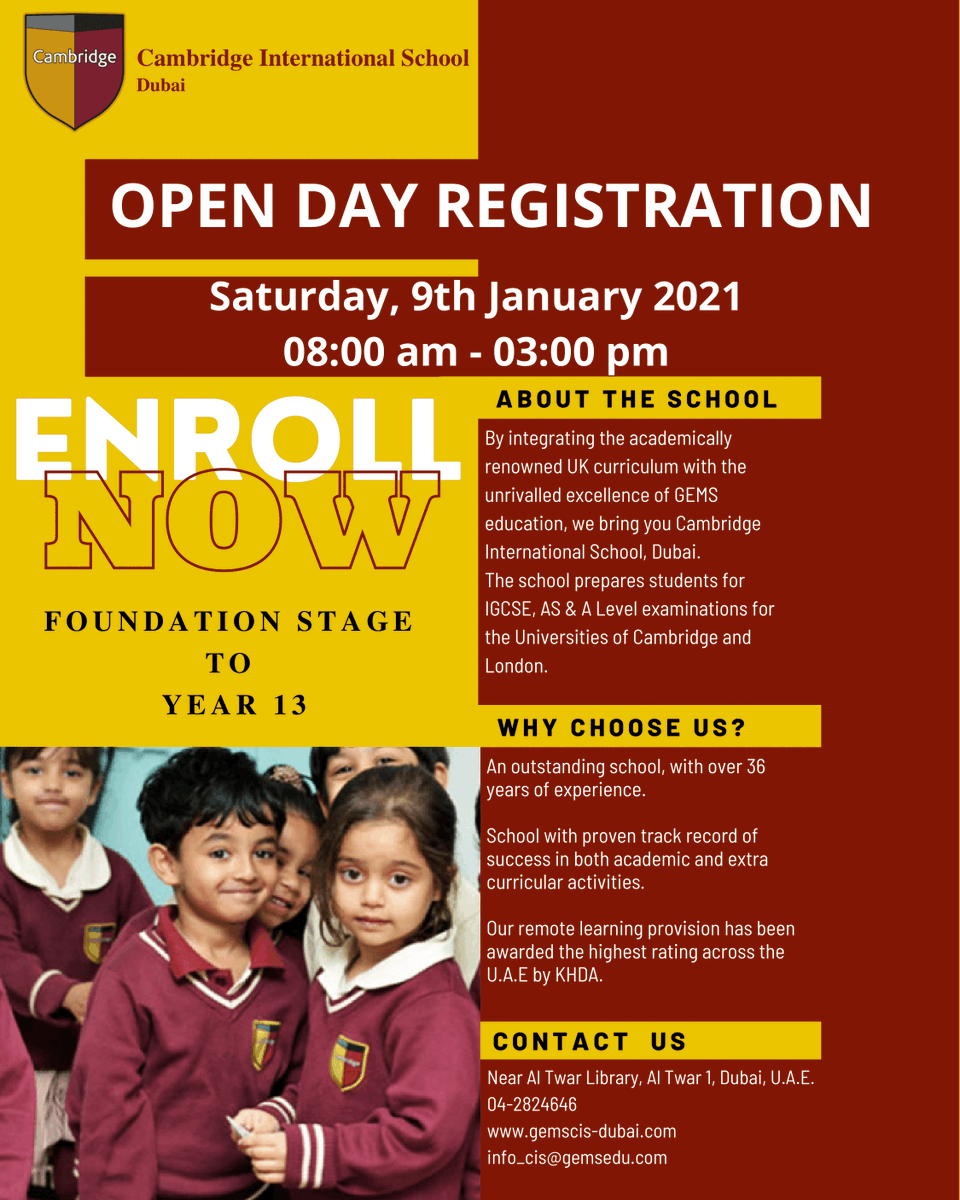 cambridge_dubai's tweet photo. We are pleased to inform you, CIS Dubai will be holding an Open Day Registration for New Admission for the Academic Year 2021-2022 on 09 January 2021 from 8:00am until 3:00pm.
#newacademicyear #registerations #cis1people1planet #gemseducation https://t.co/2k5g5DSrEQ