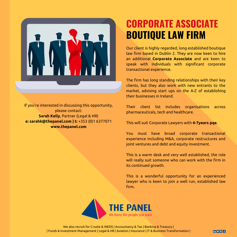 ThePanelDublin's tweet photo. Corporate Associate role available with our client, a boutique law firm in Dublin. If you have 4-7 years pqe then please contact our colleague Sarah Kelly to find out more.

You can contact her on sarahk@thepanel.com today.

#jobfairy #legaljobs #lawyer #corporateassociate https://t.co/4IVcv0L0vw