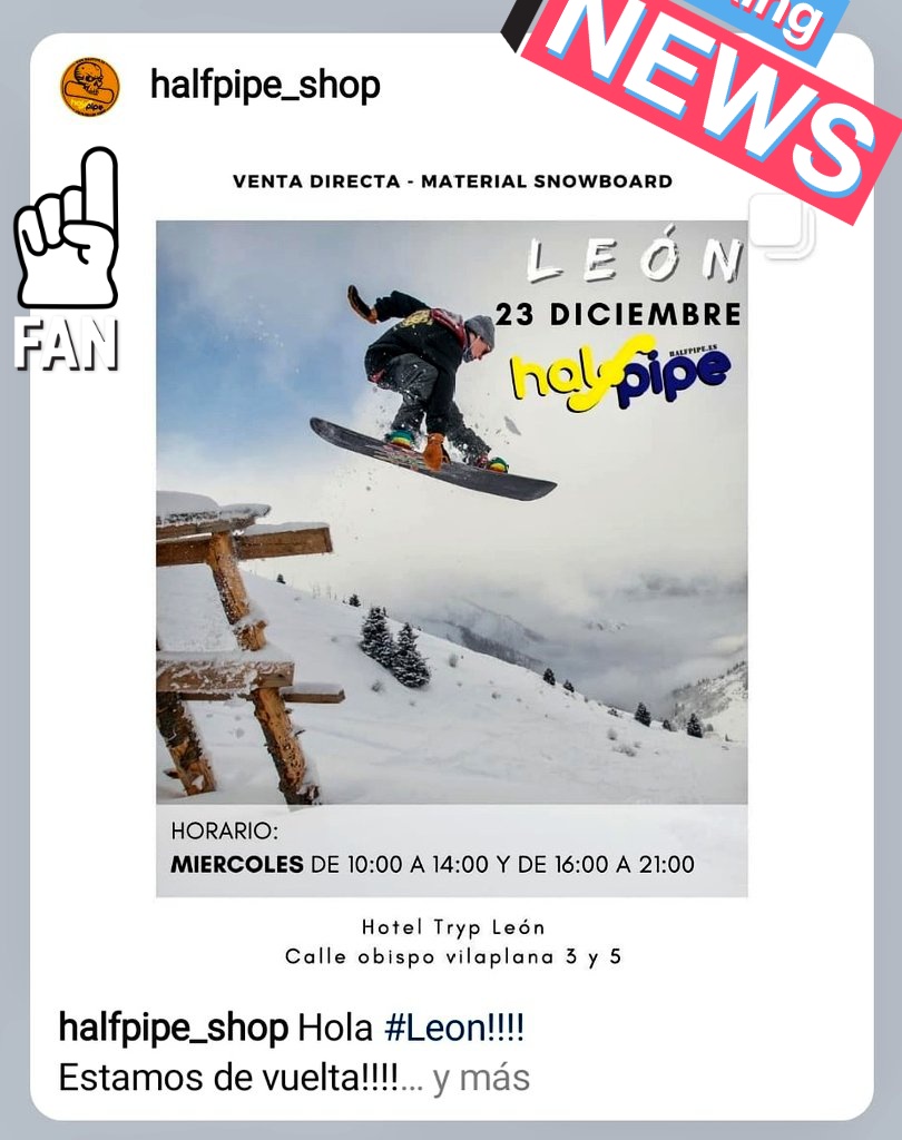 Hoy tienes una cita en #leonesp 👇
HalfPipe Shop (Puebla de Lillo) llega a León con el mejor material de invierno!!😱
Hotel Tryp León <a href="/TrypLeon/">Tryp León</a> 
#ConsumeLocal #ComercioLocal #esqui #snow #montaña