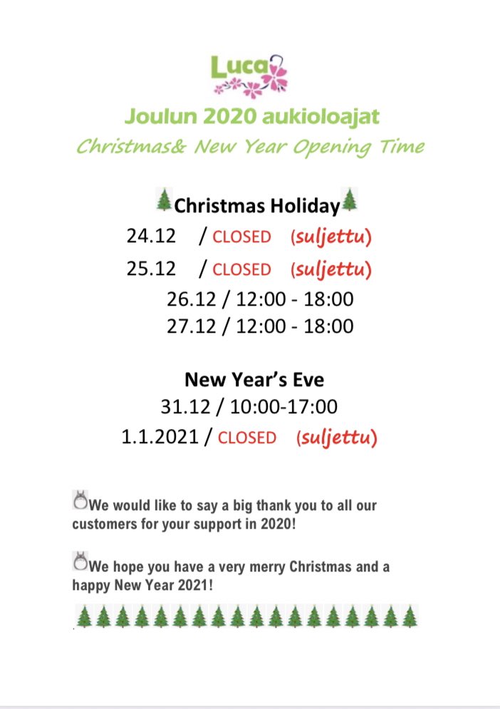 lucakiosk's tweet photo. Rauhallista joulua kaikille!🥰🎄

Tässä ovat joulun &amp; uuden vuoden aukioloajat: https://t.co/BOyAcWBQ0i