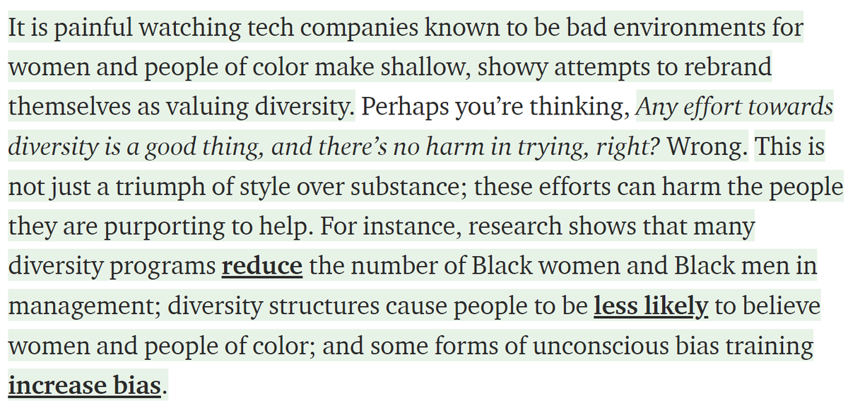 First, what doesn’t work: shallow, showy diversity efforts (even if they are well-intentioned) aren’t just ineffective, they actively cause harm.Spend time thinking through your strategy & making sure you can back it up 2/ https://medium.com/tech-diversity-files/how-diversity-branding-hurts-diversity-fb29dd705481