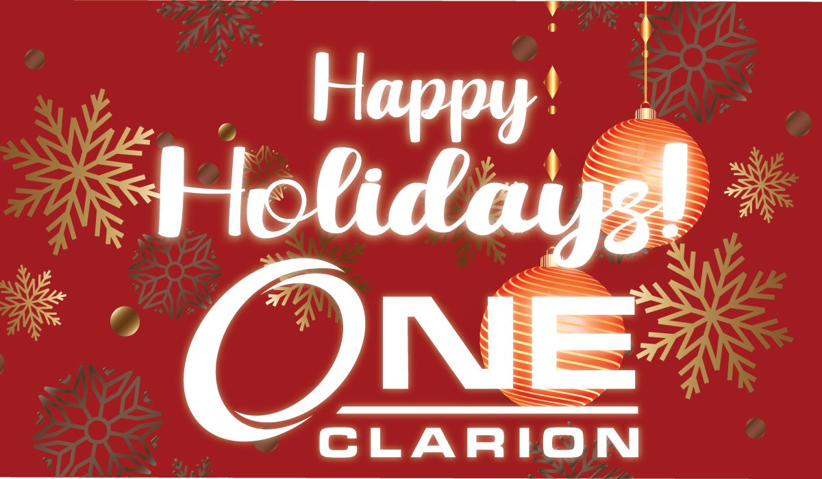 OneClarion's tweet image. Happy Holidays from One Clarion! 
Our office will be closed on the select dates.  
OPEN until noon: 12/24 &amp;amp; 12/31 
CLOSED: 12/25 &amp;amp; 1/1